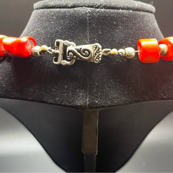 Vintage Chunky Red Bead Necklace | natural stone Tribal Style | Silver Tone - Picture 3 of 10